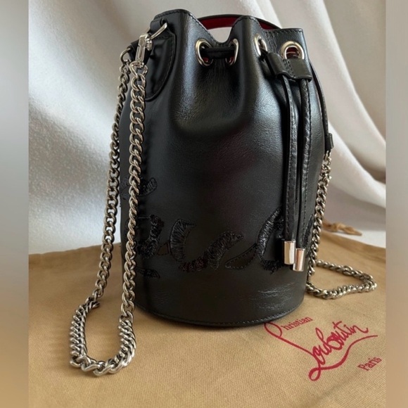 New Christian Louboutin Calfskin Sequin Marie Jane Bucket Bag In Black - Picture 2 of 13